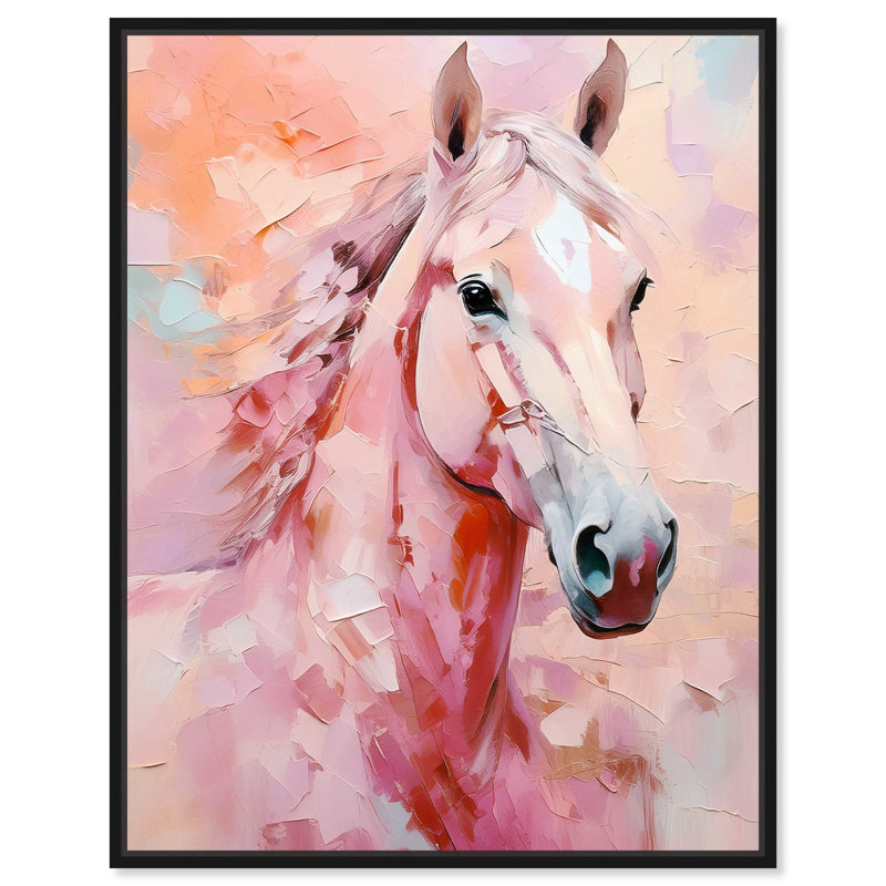Art chevalier rose, toile, pêche, boho, Cadre noir, H 31 po x l 25 po