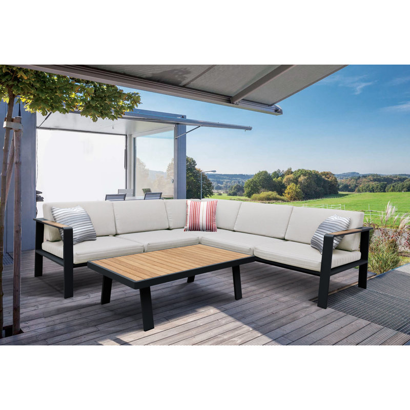 Ensemble de conversation modulaire en teck avec coussins 4 pièces Raven, Taupe