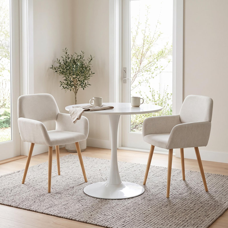 3-Piece Modern Round Dining Table Set With Upholstered Armchairs, Mid-Century Kitchen & Dining Furniture, Beige/White