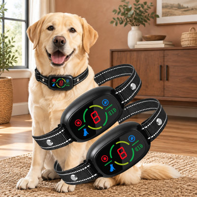 A black 2-pack of smart rechargeable anti-bark collars for small, medium, and large dogs weighing 8-150lbs, with 8 selectable sensitivity levels and 3 beep-and-vibration training modes.