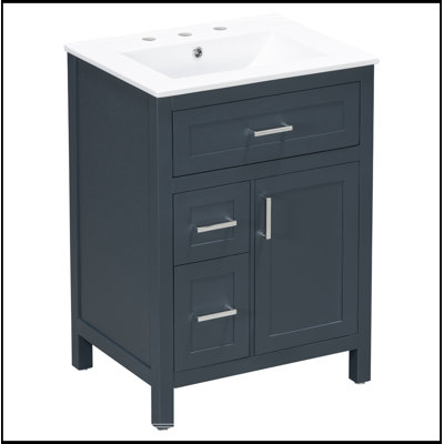 Meuble-lavabo de salle de bain avec lavabo en céramique, 1 porte, tiroir rabattable et 2 tiroirs