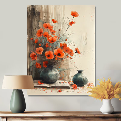 Œuvre orange et beige, coquelicots du Japon, décoration murale Japon