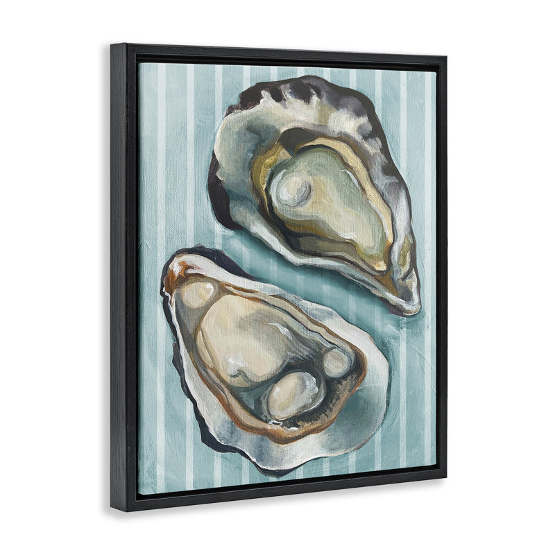  «Oysters on Blue Stripes» par Daphne Polselli, H 31 po x l 25 po, Cadre flottant noir de jais