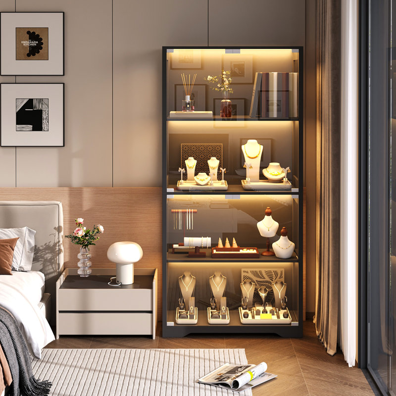 Display Cabinet with Glass Doors, 4-Tier Curio Cabinet with 3 Color Lights for Collectibles, Black