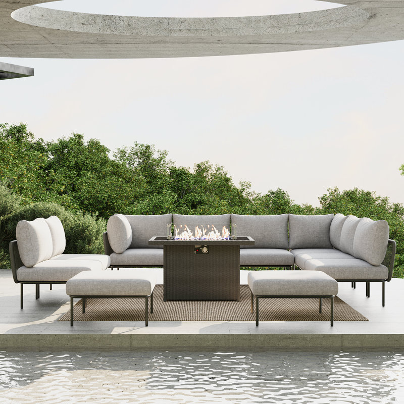 Ebern Designs 11 Pieces Aluminum Patio Furniture Set, Modern Modular Sectional Sofa with Fire Pit Table and Upgrade Thickness Cushion