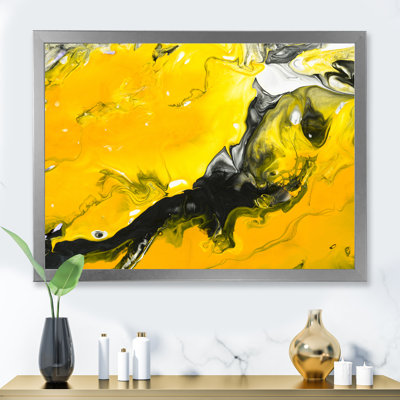 Jaune, jaune, noir et blanc, art liquide IV - peinture sur toile