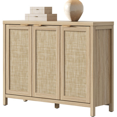 43.5''W 3-Door Rattan Sideboard Buffet Cabinet with Adjustable Shelves, Modern Boho Farmhouse Storage Cabinet Credenza for Kitchen Dining Room Entryway Living Room