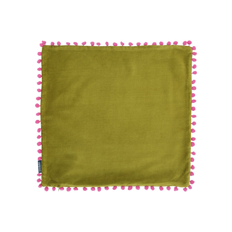 Fida Velvet Pom Pom Cushion Cover, Green