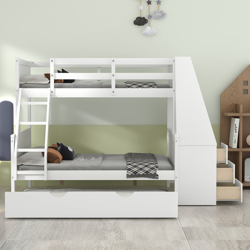 Hattenbrun Twin Over Full Bunk Bed with Build-In Desk with Built-In Ladder , Trundle Bed Included, White
