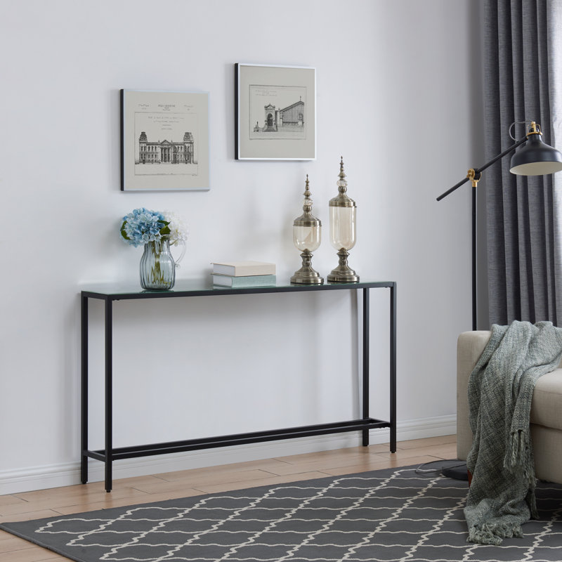 Console étroite et longue avec plateau en miroir Lathem, Noir, H 30 po x l 56 po x P 8 po
