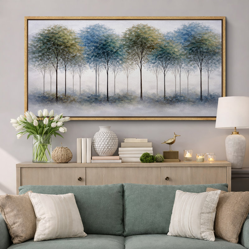Doux brumeux, forêt, paysage, paysage neutre, décoration murale pour salon, très grandes photos, impression sur toile encadrée