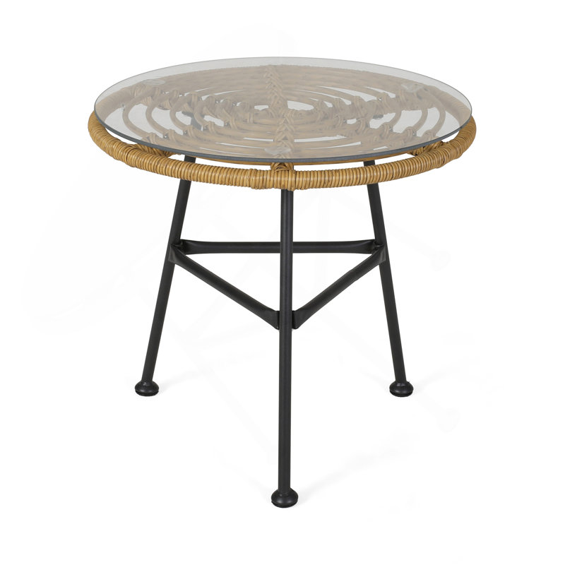 Orlando Outdoor Glass Top Faux Rattan Side Table,Tempered Glass Top End Table For Balcony Porch Deck, Light Brown
