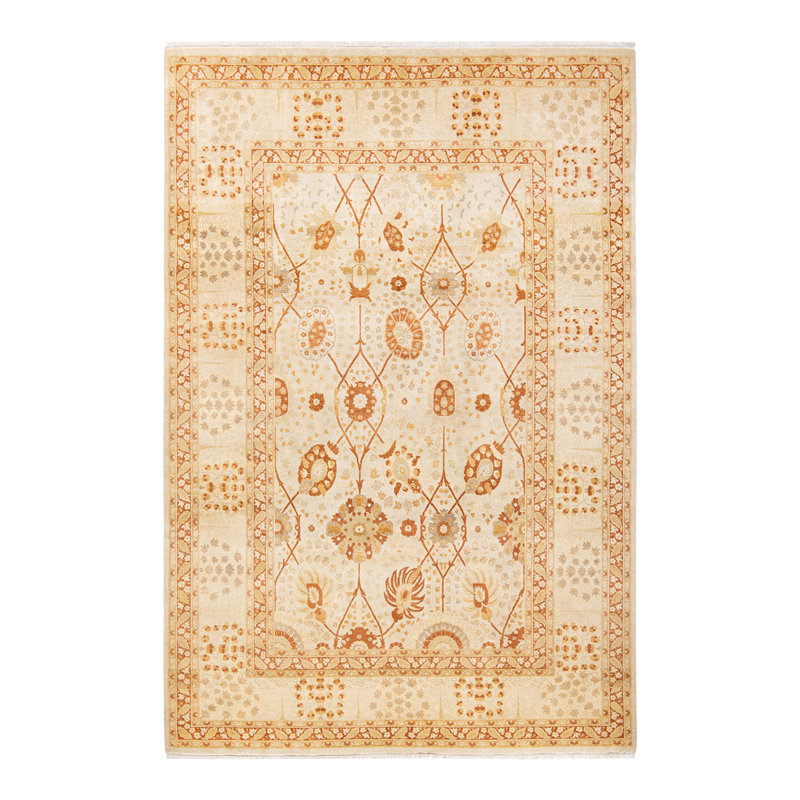 Tapis unique noué à la main ivoire 6 pi 3 po x 9 pi 3 po Keenan