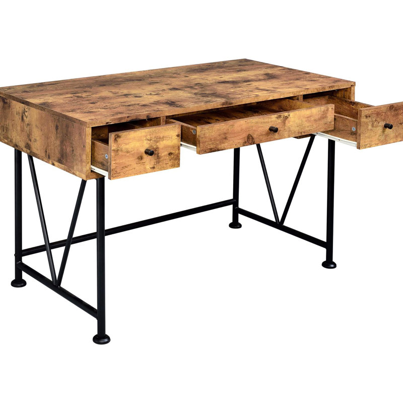 Bureau antique rustique en noyer muscade et noir, 3 tiroirs, idéal pour un bureau à domicile confortable ou un usage professionnel.