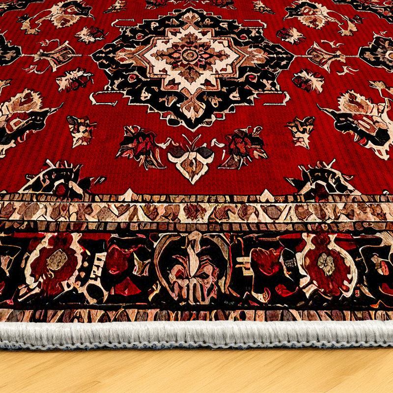 Guria Red/Brown/Black Oriental Vintage Look Machine Printed Cotton Chenille Area Rug, Runner 5'3" x 16'5"