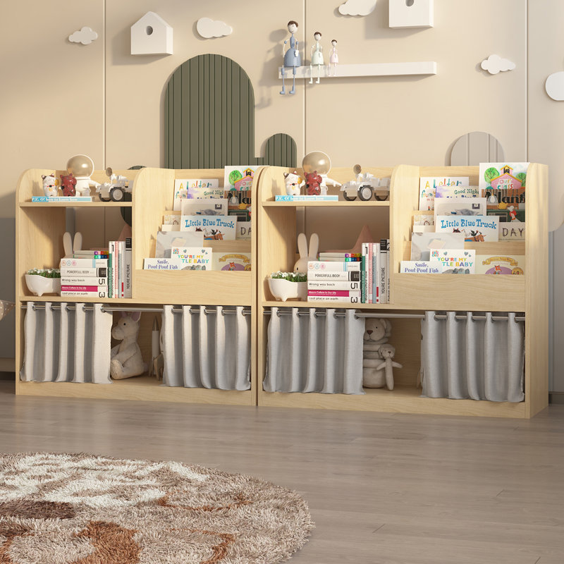 Montessori 3 Sling Bookshelf With Dust Proof Curtain and Floor Storage Cabinet Toy Chest, Oak