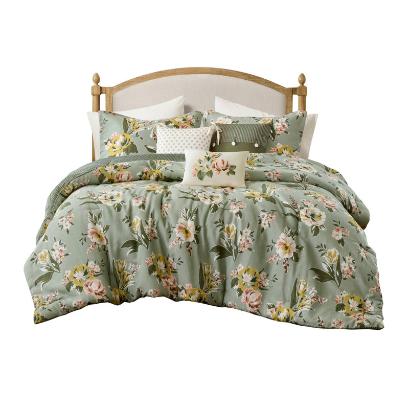 Ensemble d'édredon floral 7 pièces pour très grand lit, vert