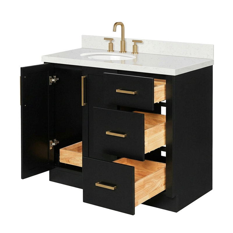 Meuble-lavabo de salle de bain avec lavabo ovale simple décalé à gauche de 42 pouces et comptoir en quartz blanc de Carrare de 1,5 pouce d'épaisseur, finition noire.