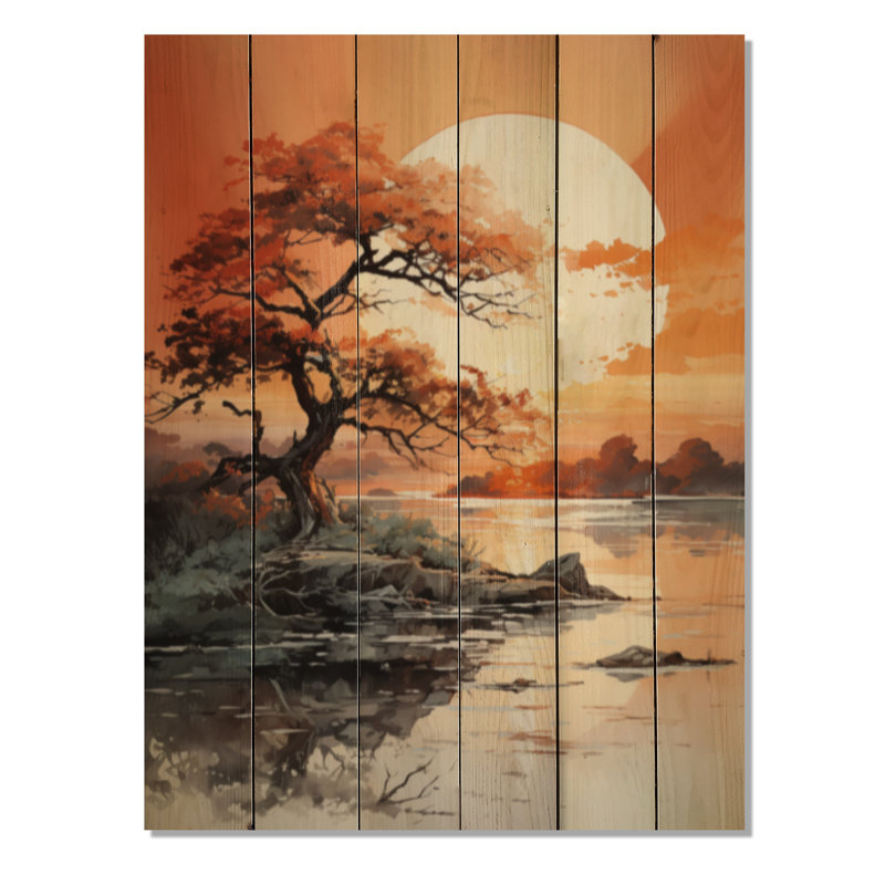 «Orange Tree Moon Silhouette Landscape I» sur impression sur bois, H 32 po x l 24 po x P 0,78 po