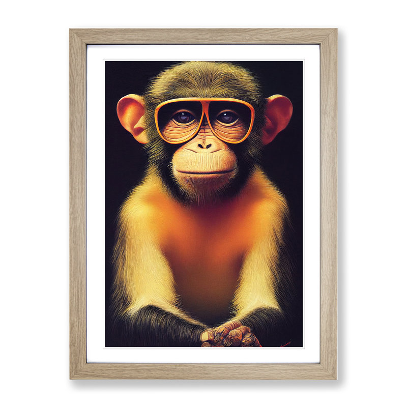Monkey In Glasses No.1 - Framed Print, 34cm H x 25cm W, Beige