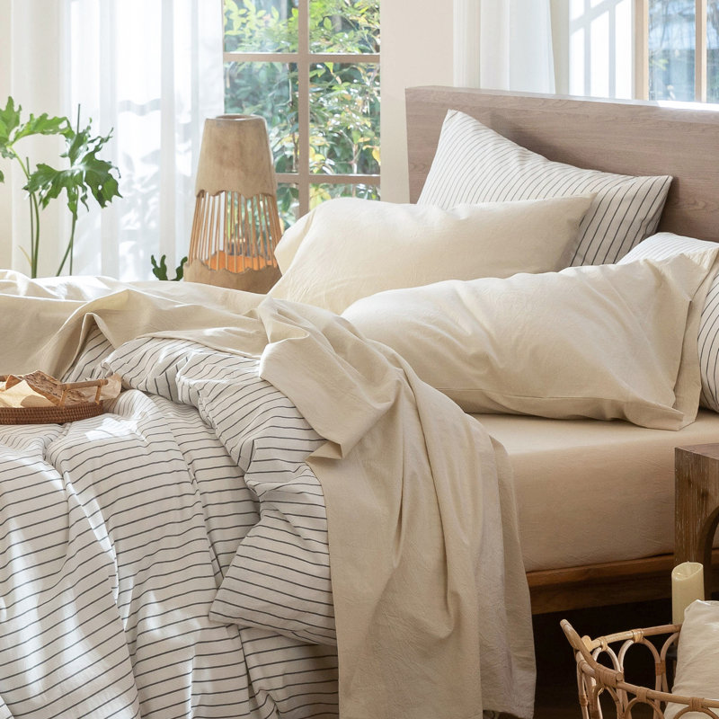 100% Washed Cotton Sheet Set Extra Deep Pocket Linen Like Textured, Almond Milk Grey, King Sheet Set with 2 Pillowcases