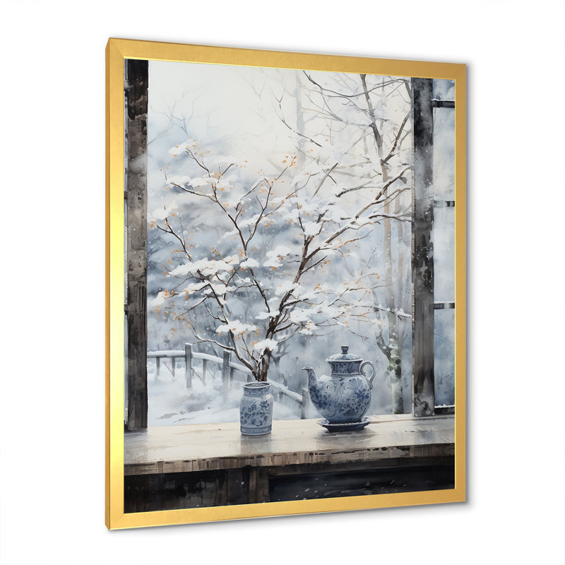Art floral mural fenêtre de neige en hiver 3 - Japon, Cadre photo doré simple, H 44 po x l 34 po x P 1,5 po