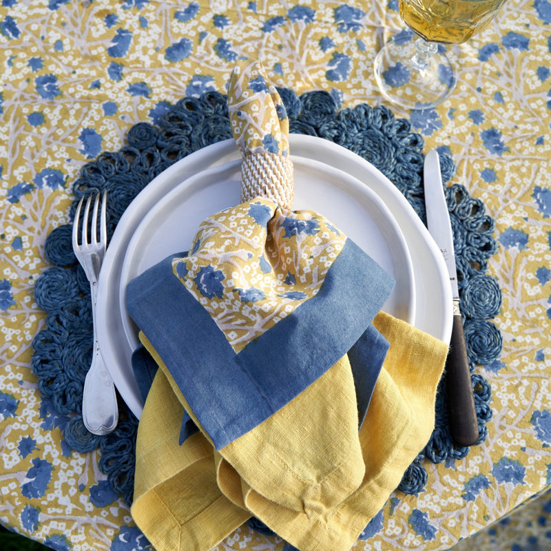 Meadows Handmade Floral Tablecloth, 128" x 71", Blue/Green