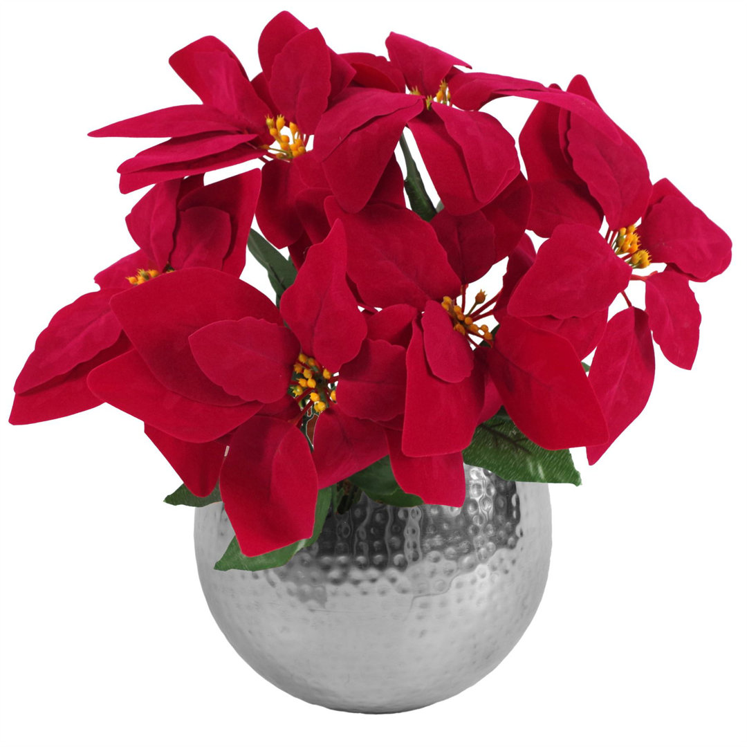 Poinsettia 40cm Artificial Christmas Xmas Red Hammered Metal Planter