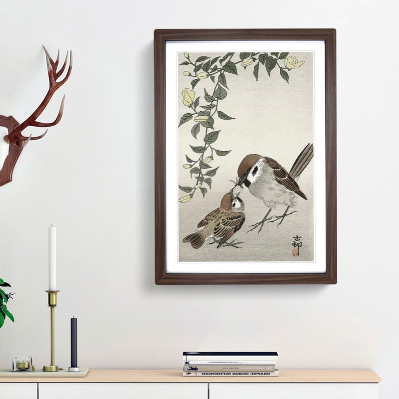 Sparrow Birds and Plants by Ohara Koson - Framed Print, 48cm H x 36cm W x 2cm D, Walnut Framed