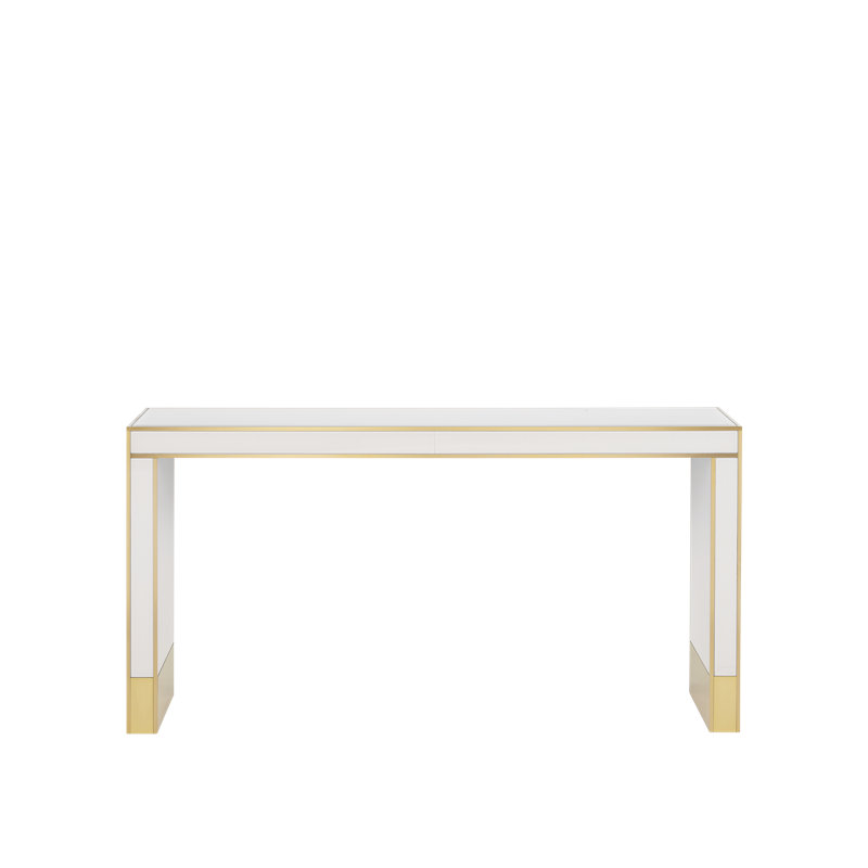 Ivory and Gold Glass Top Console Table with Brass Accents