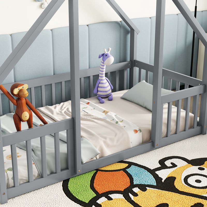 House-Shaped Floor Bed with Fence, Guardrails, Gray, Twin