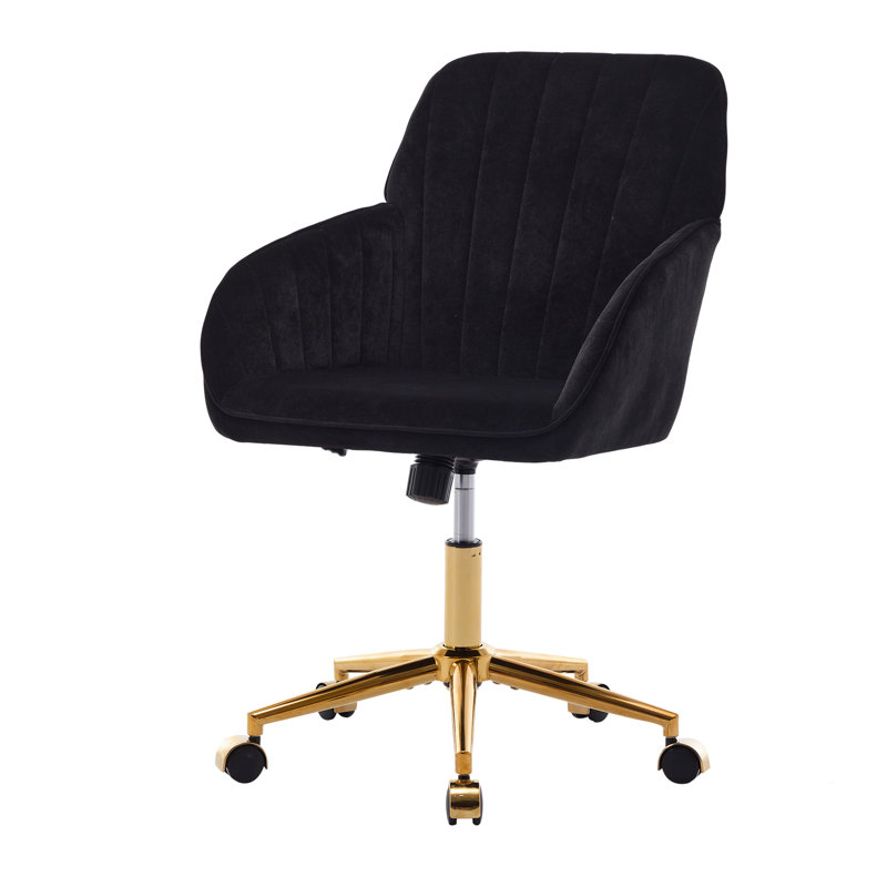 Home Bedroom Ty Ergonomic Office Chair - Black Velvet, Soft Cushion, Stable Golden Base, Adjustable Seating Comfortable Swivel Chair, , Base