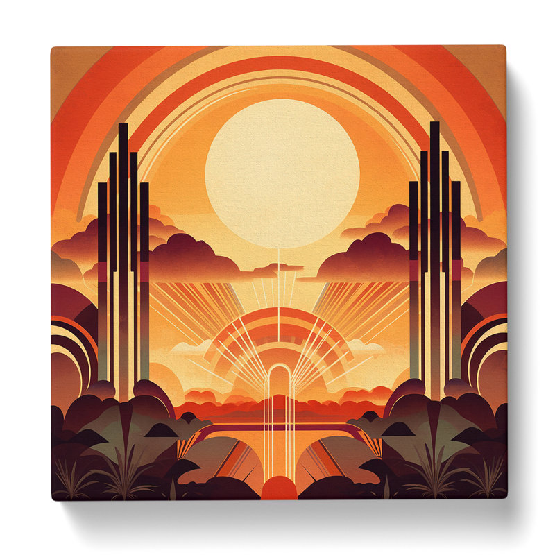 Art Deco Sunset Vintage Art No.3 - Wrapped Canvas - Framed Print, 50cm H x 50cm W x 3cm D
