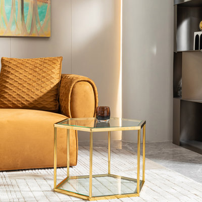 Table d'appoint hexagonale de luxe, plateau en verre trempé transparent avec structure en acier inoxydable doré, table basse décorative pour le salon, la chambre à coucher ou le bureau