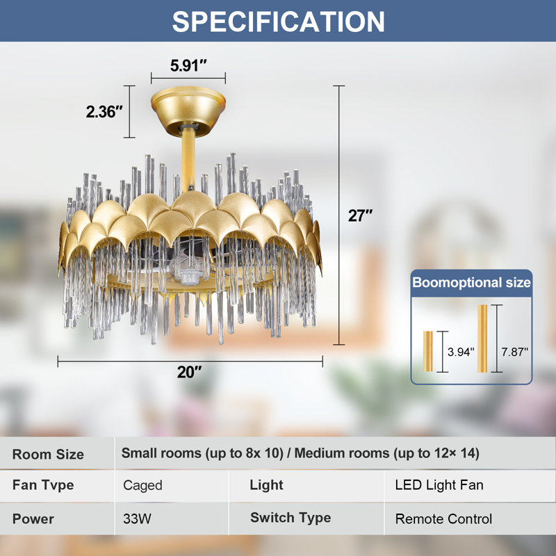 Ventilateur de plafond invisible moderne de 20 pouces avec lumières, ventilateur de lustre en cristal, lumière DEL de 30 W avec télécommande pour le salon et la chambre à coucher (ampoules incluses)