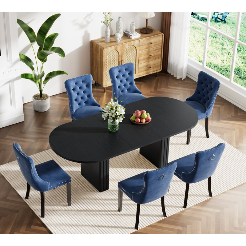 Extendable Dining Table Set, Rustic Oval Dining Room Table & Velvet Dining Chairs with Wood Leg, 62.99" -78.74" Dining Table and Chairs Set, Modern Dining Table Set