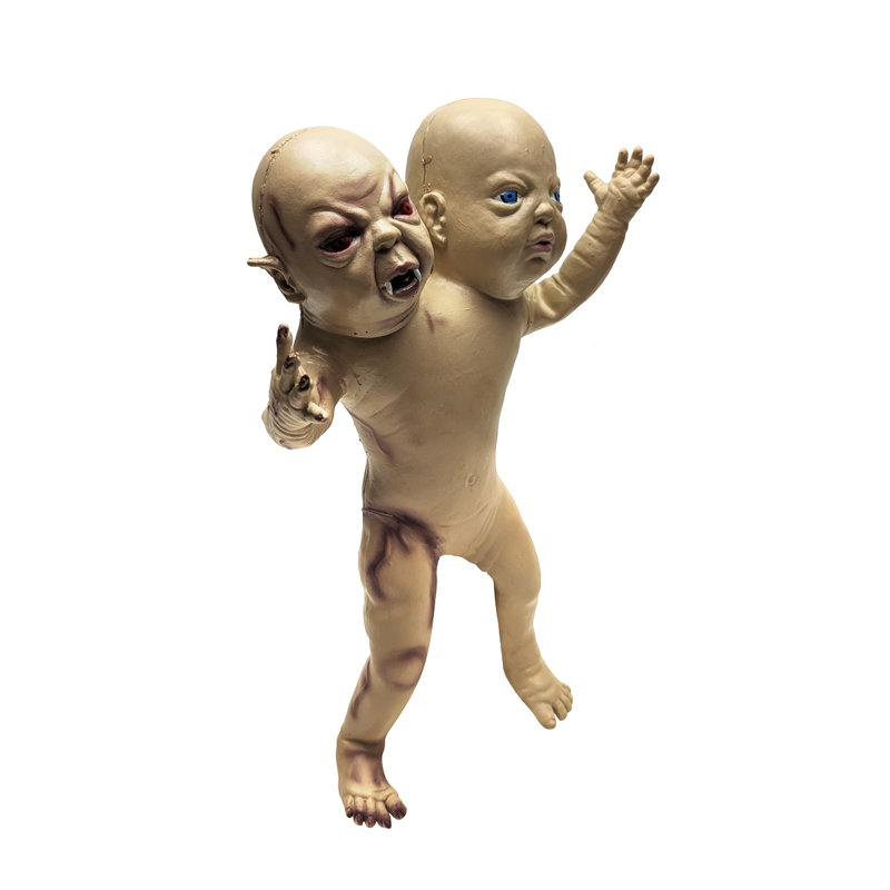 Scary 2 Headed Vampire Twins Creepy Baby Doll Horror Movie Prop Halloween Decor