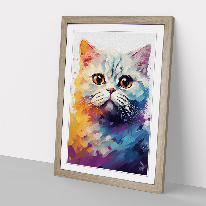 Cat Modern No.3 - Single Picture Frame Print on Wood, Oak, 34cm H x 25cm W x 2cm D
