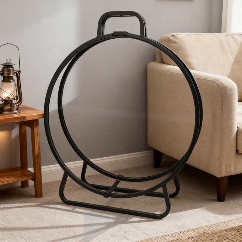 Support à bois de chauffage pliable pour une utilisation intérieure et extérieure, support à bûches rond de 20 pouces avec base surélevée, assemblage sans outil, fabrication en acier résistant à la rouille pour foyer et patio