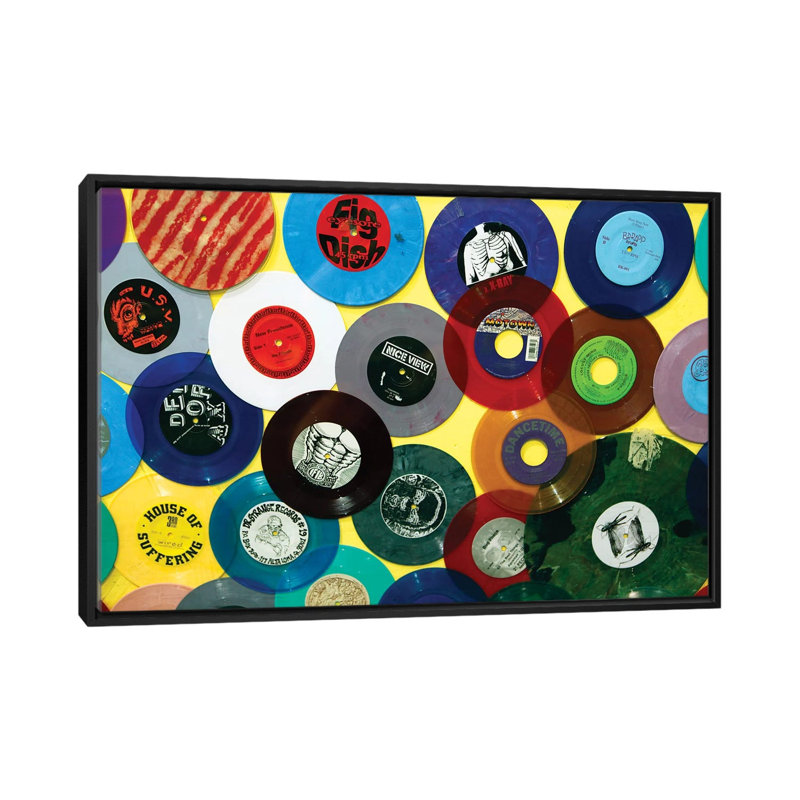 «Vinyle 45's II», reproduction sur toile, H 18 po x l 26 po x P 1,5 po, Toile avec cadre noir, Pas de tapis