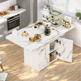 Folding Dining Table With 6 Wheels, Storage Rack,cabinet And Marble Texture