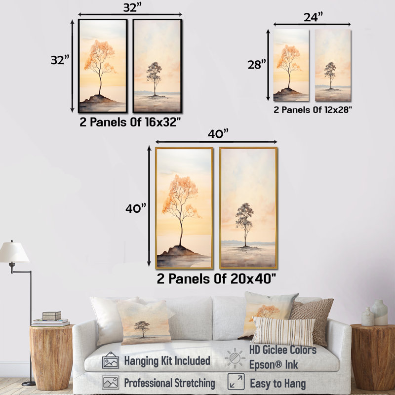 Ensemble de 2 décorations murales beige solitude beauté - arbres, H 28 po x l 25 po, Toile tendue