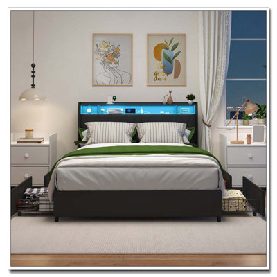 Cadre de grand lit avec tête de lit ergonomique, cadre de lit plateforme grand avec prises et chargeur et lumière DEL, cadre de lit en métal grand avec tablette de rangement