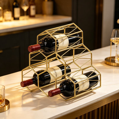 Support à vin hexagonal en métal pour comptoir - Support pour 6 bouteilles peu encombrant avec design moderne en nid d'abeille, présentoir autoportant durable pour la cuisine, le bar ou la salle à manger