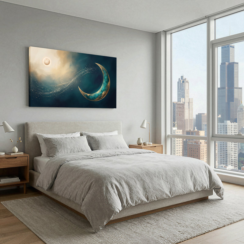 Art mural toile sarcelle, croissant de lune et soleil doré avec sentier étoilé 47 po x 24 po x 1,5 po
