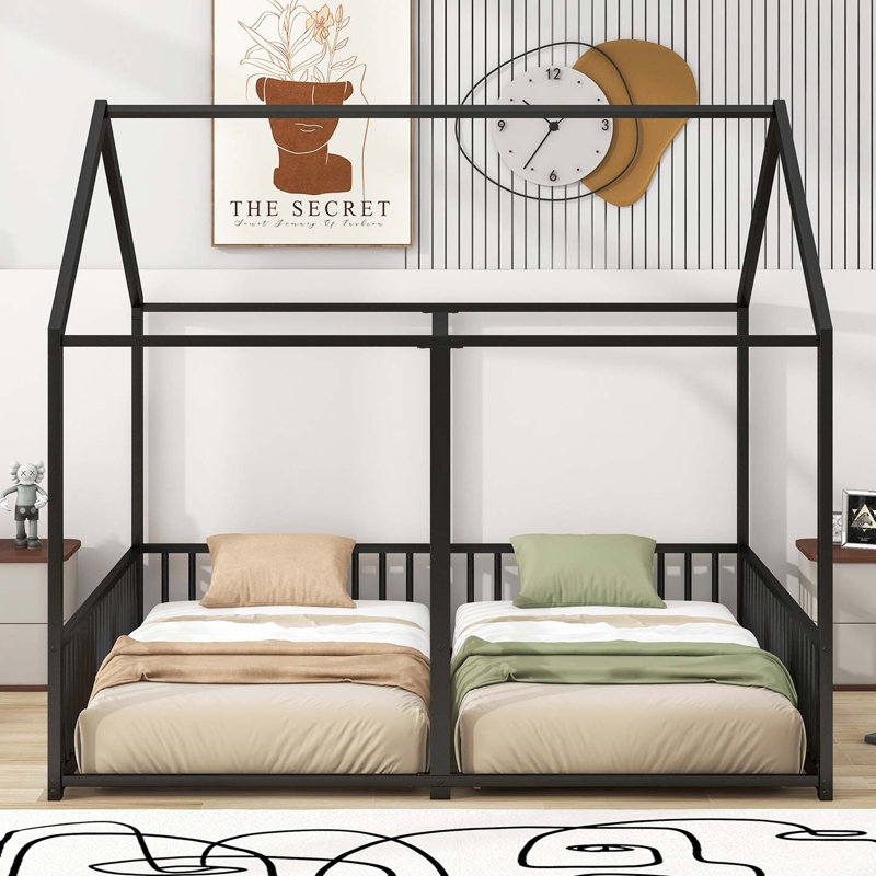 Twin Size House Platform Bed, Two Shared Beds, Black