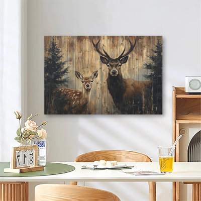 Deer And Fawns Inside Woodland Forest Scene, Large Gallery Wrapped Canvas Wall Art Print for Living Room & Bedroom