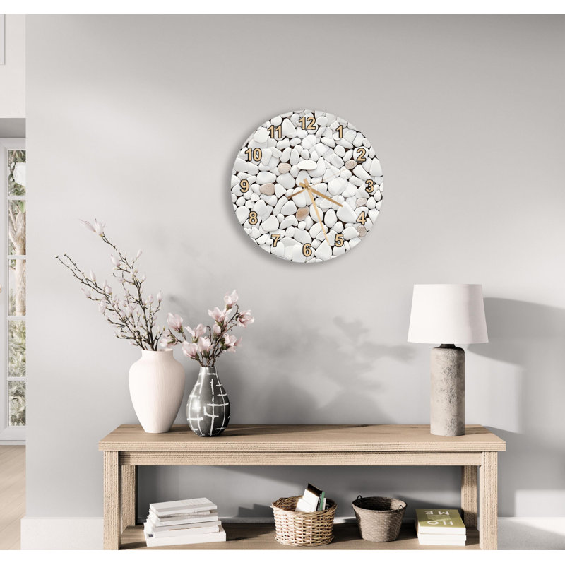 Horloge murale caillou blanc, art en pierre de verre trempé, décor de spa zen moderne - montre de cuisine inspirée de la nature, cadeau de pendaison de crémaillère unique