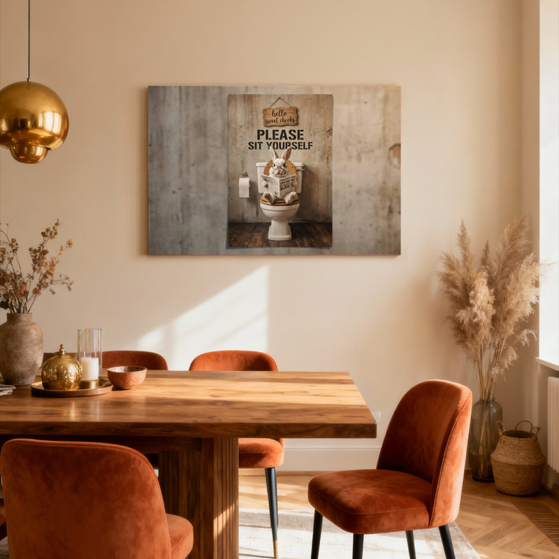 Décoration murale en toile tendue représentant un lapin lisant le journal sur les toilettes avec une pancarte « Bonjour, bonnes joues » (1 pièce)