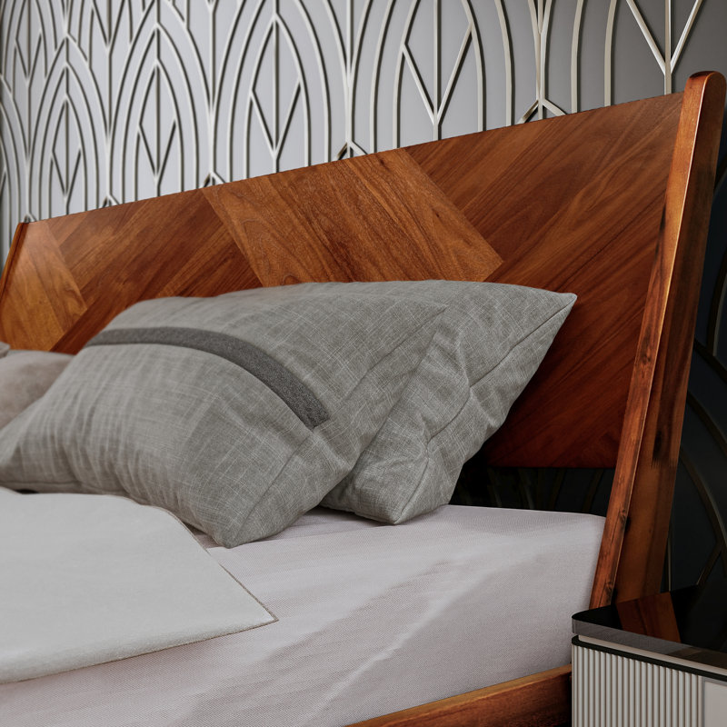 Gazelle Solid Wood Bed Frame with Artistic Patterned Headboard, Queen, Walnut 02